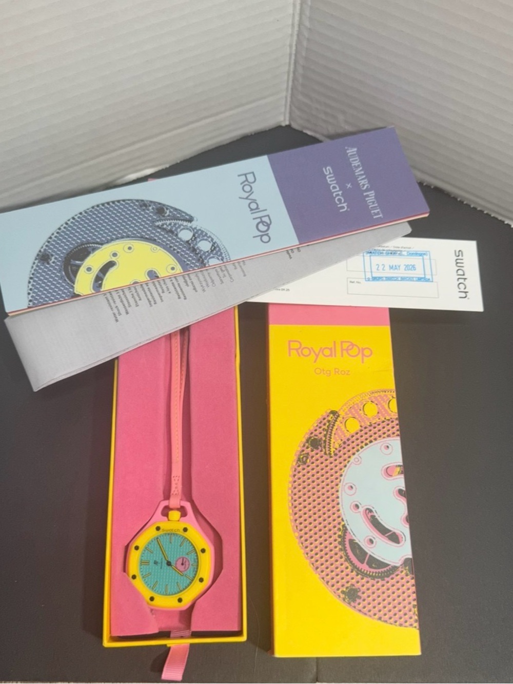 AP x Swatch Royal Pop OTG ROZ Pink Yellow Teal Watch + Strap + Bonus Gif